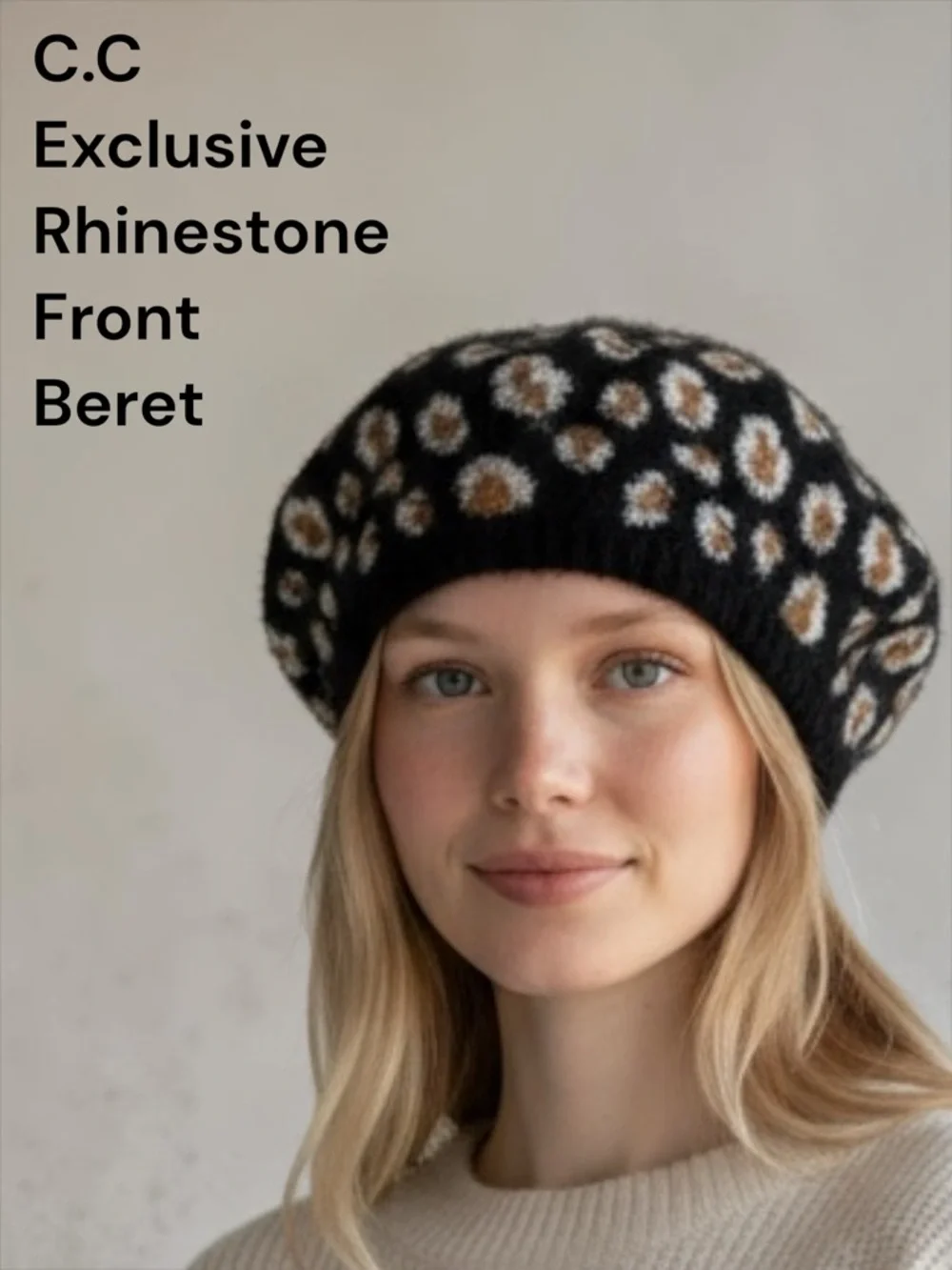 C.C Exclusive Rhinestone Black Leopard Beret Hat Black Knit Chic Cozy Statement